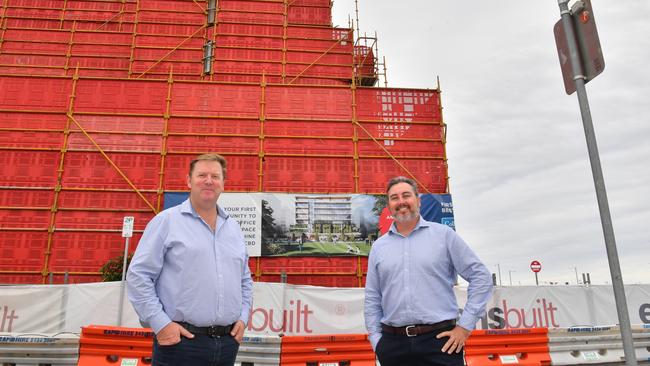 CONSTRUCTION UPDATE: Dirk Long (Evans Long) and Matthew Gould (JLL) at Foundation Place construction site in Maroochydore's CBD. Photo: John McCutcheon / Sunshine Coast Daily