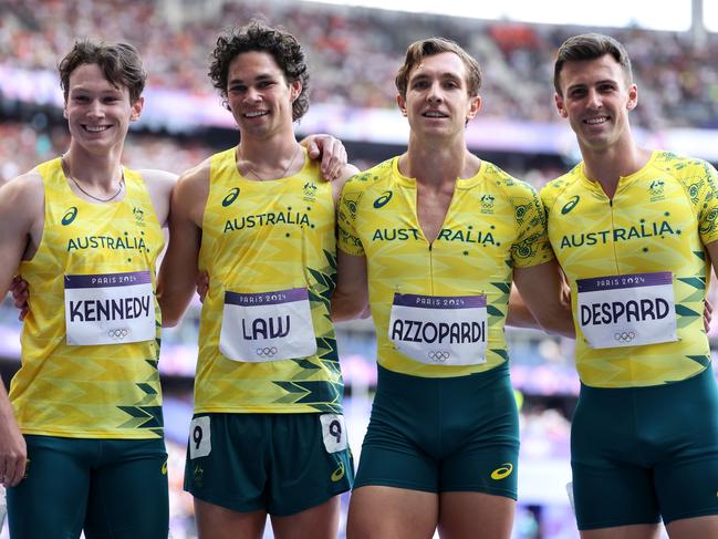 Lachlan Kennedy, Calab Law, Joshua Azzopardi and Jacob Despard ahead of the Men's 4 x 100m Relay at the Paris Olympics. Picture: Hannah Peters/Getty Images.