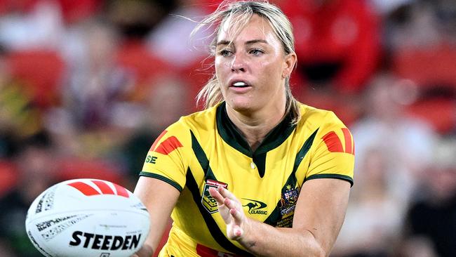 BRISBANE, AUSTRALIA – OCTOBER 18: Olivia Higgins of the Jillaroos passes the ball during the women's 2024 Pacific Championships match between Australia Jillaroos and PNG Orchids at Suncorp Stadium on October 18, 2024 in Brisbane, Australia. (Photo by Bradley Kanaris/Getty Images)