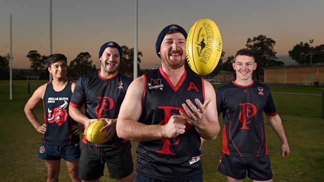 Pooraka Football Club players (from left) Jonathan Alfaro, Jordy Hurst, A-Grade captain Brad Batten and Cam Matthews before the season. Picture: Naomi Jellicoe