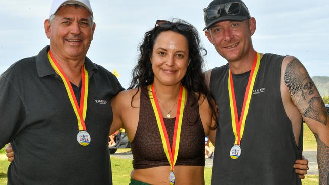 Summerland Credit Union team from left: Graeme Herne, Sarah Parry, and Joel Avey at the Lennox Head point of the Byron to Ballina Charity Walk on Saturday. Picture: Cath Piltz