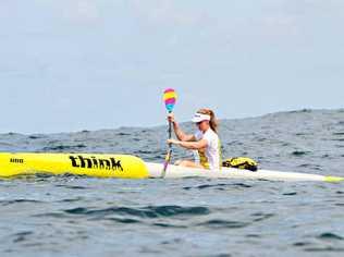 Alyce Burnett heads for victory in the open ski division at last October’s King of the Coast ocean paddling event from Moffat Beach to Mooloolaba. Picture: Brett Wortman