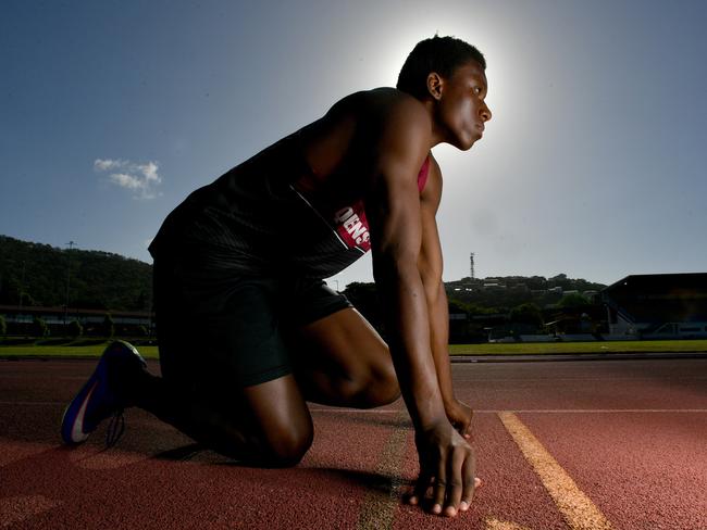 North Queensland sprint sensation Uwezo Lubenda, 15, on the red track at the Townsville Sports Reserve. Picture: Evan Morgan