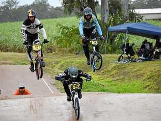 GETTING SOME AIR: Superclass BMX action from Maryborough on Saturday featuring #48 Tyler Johnston, #103 Tristan Scott and #14 Harrison Browning. Picture: Contributed