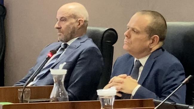 Dubbo Regional Council interim CEO Dean Frost and acting mayor Stephen Lawrence at an the last previously held extraordinary council meeting held in April. Picture: Ryan Young