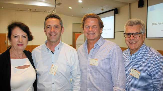 Business council chair Sandy Zubrinich, Anthony Dow of Noosa Council, Brad Williams of RPS and Peter Pallot at the Sunshine Coast Business Council Strategic Direction Discussion 2018 at Ramada Marcoola Resort. Picture: Erle Levey