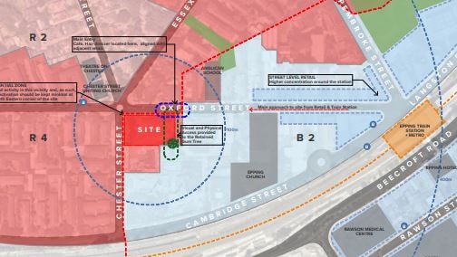 Map of the site at 45-53 Oxford Street in Epping in relation to nearby roads Cambridge Street and Beecroft Road