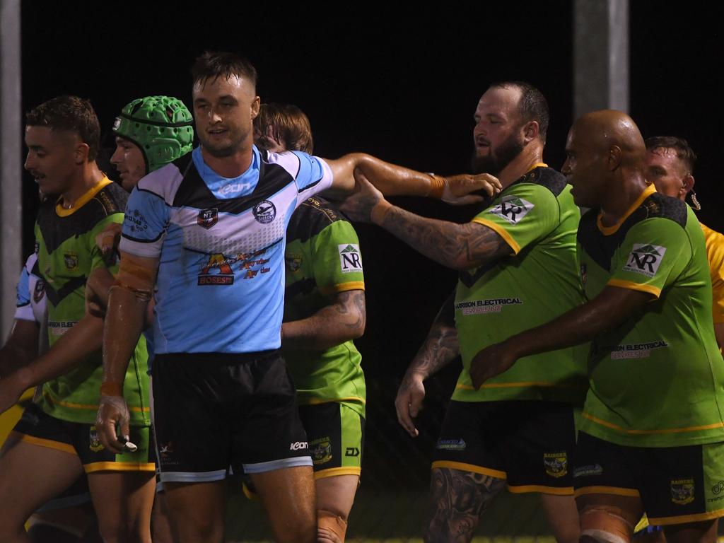 Tempers flare between Northern Sharks and Palmerston Raiders in the NRLNT Grand Final 2022. Picture: (A)manda Parkinson