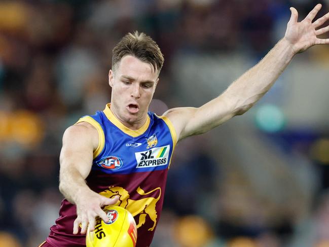 BRISBANE, AUSTRALIA - JUNE 30: Lincoln McCarthy of the Lions kicks the ball during the 2022 AFL Round 16 match between the Brisbane Lions and the Western Bulldogs at The Gabba on June 30, 2022 in Brisbane, Australia. (Photo by Russell Freeman/AFL Photos via Getty Images)