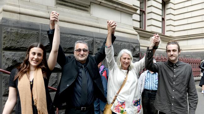 Jack Aston celebrates with his family after being released from prison. Picture: Andrew Henshaw