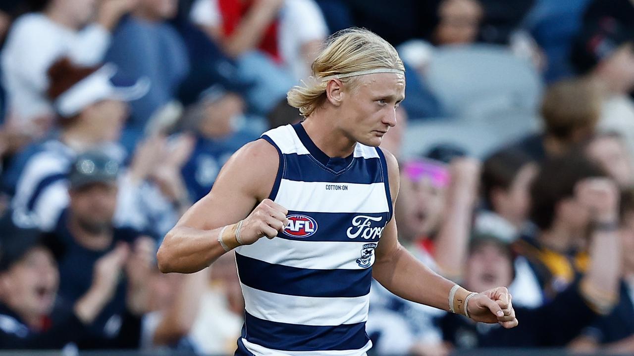 Oliver Dempsey celebrates a goal. Picture: Michael Willson/AFL Photos via Getty Images