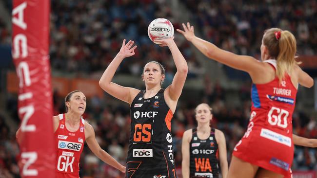 SYDNEY, AUSTRALIA - JULY 14:  Jo Harten of the Giants shoots during the round 14 Super Netball match between Giants Netball and NSW Swifts at Ken Rosewall Arena, on July 14, 2024, in Sydney, Australia. (Photo by Matt King/Getty Images)