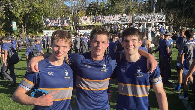 Churchie flankers Caleb Godfrey, left, Joe Stoddart and winger Oscar Harris.