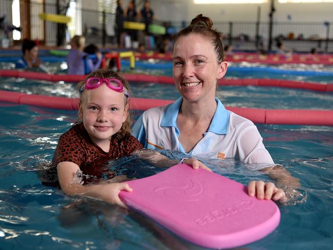 Kylie Ashley-Cooper at her Little Snappers Swim School with Lacey Dudley, 7. Picture: Evan Morgan