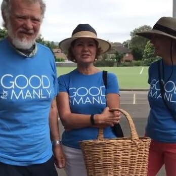 Northern Beaches deputy mayor Candy Bingham, with “Good for Manly” team supporters, on Saturday morning. Picture: Supplied