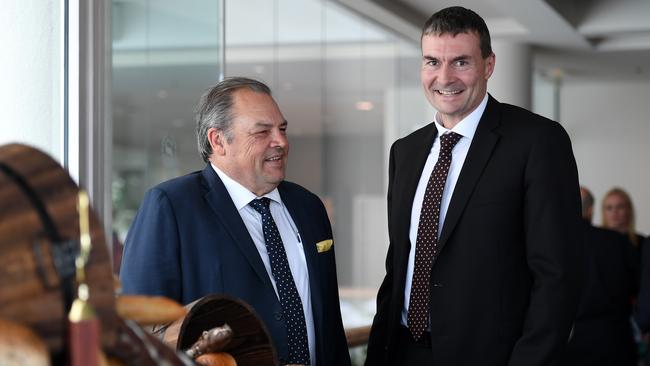 Retail Food Group boss Andre Nell (right) and chairman Colin Archer at the company’s annual general meeting in Southport yesterday. Picture: AAP