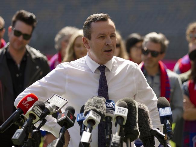 PERTH, AUSTRALIA - SEPTEMBER 23: WA Premier Mark McGowan speaks during a media opportunity ahead of the 2021 AFL Grand Final at Optus Stadium on September 23, 2021 in Perth, Australia. (Photo by Will Russell/Getty Images)