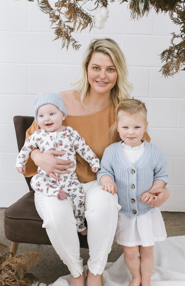 AFL Wag Emma Hawkins, centre, founded kids’ fashion brand, Homegrown. Picture: Monika Berry