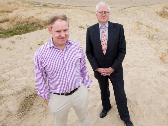 Senior counsel assisting the Murray-Darling Basin royal commission Richard Beasley with  commissioner Bret Walker at the Murray mouth. Picture: Leon Mead Photography