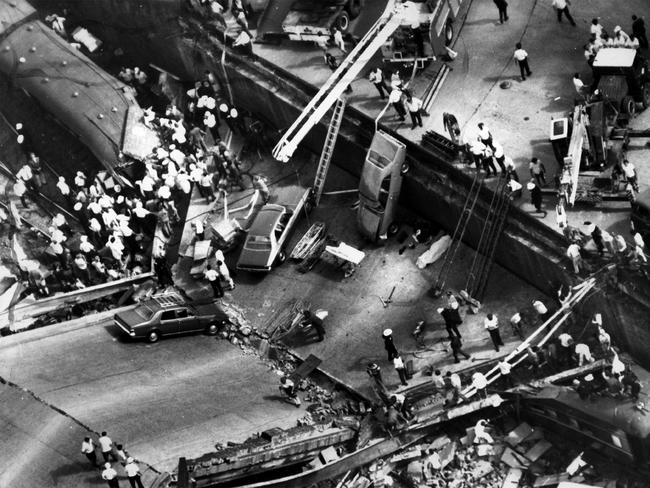 The Bold Street bridge near Granville station in Sydney at the time of the event. Cars tumbled down with it when a crowded train hit the bridge’s supports while travelling about 80km/h.