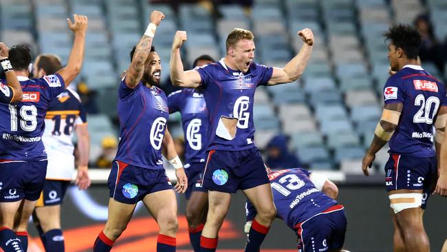 Reece Hodge of the Rebels celebrates after beating the Brumbies at GIO Stadium.
