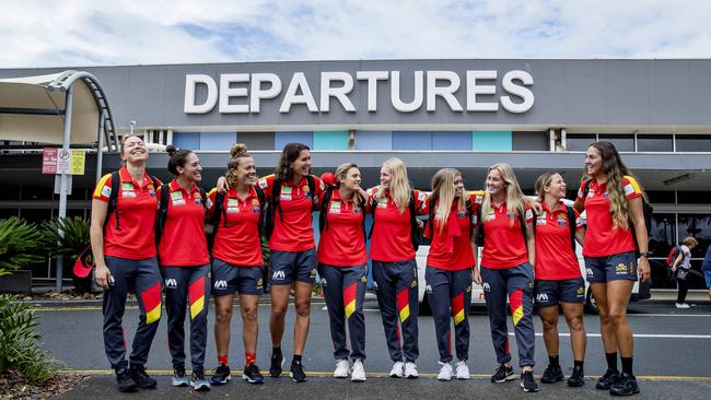 Suns AFLW team are playing their first game this weekend in Sydney. Suns AFLW debutants Jade Pregelj, Cheyenne Hammond, Molly Ritson, Lauren Ahrens, Jordann Hickey, Serene Watson, Kalinda Howarth, Dee Heslop, Kate Surman, and Lexi Hamilton at Gold Coast Airport, Coolangatta. Picture: Jerad Williams