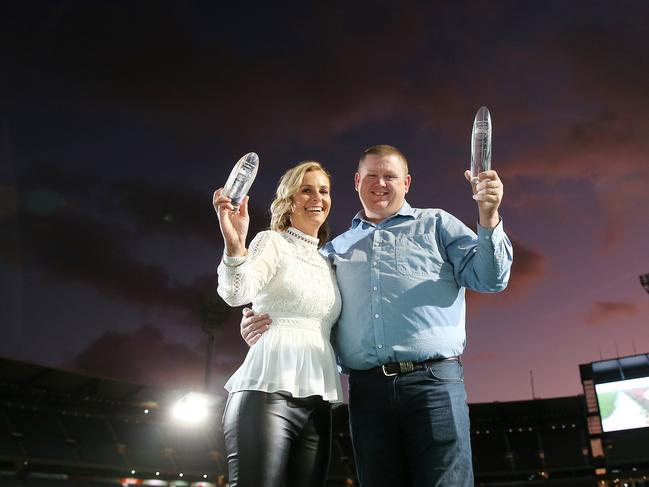 Winning smiles: The victorious couple at <i>The Weekly Times </i>Coles 2019 Farmer of the Year Awards at the MCG. Picture: Yuri Kouzmin