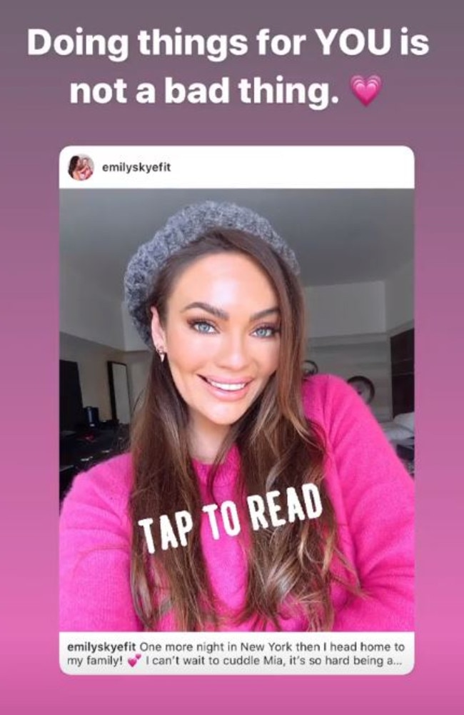 It prompted Skye, who boasts a multimillion-dollar fitness enterprise, to share a strong message that women should never feel bad for doing things for themselves. Picture: Instagram/EmilySkyeFit