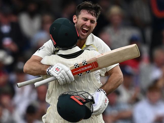 Mitchell Marsh celebrates his Ashes hundred at Headingley. Picture: Paul Ellis/AFP