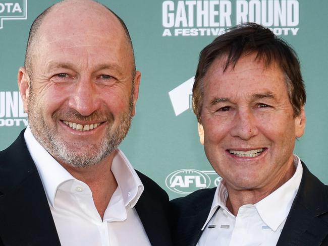 ADELAIDE, AUSTRALIA - APRIL 03: Jeff Browne and Craig Kelly pose for a photo before the 2024 AFL Gather Round Welcome Dinner Event at Glenelg Foreshore on April 03, 2024 in Adelaide, Australia. (Photo by Dylan Burns/AFL Photos via Getty Images)