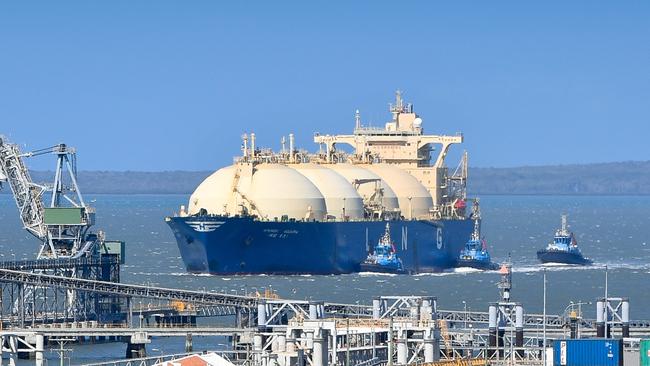 An LNG tanker arriving in Gladstone Harbour. A report says navigating the 31km shipping channel into Geelong’s Corio Bay could be ‘challenging’. Picture: Mike Richards