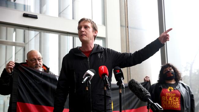 Black Lives Matter protest organiser Paddy Gibson pictured talking to media outside the Supreme court in Sydney in July 21 after the Supreme Court handed down its decision not to allow the planned protest. Picture: NCA NewsWire / Damian Shaw