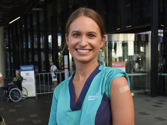 Gold Coast COVID-19 ward nurse Zoe Park was the first Queenslander to get the COVID-19 vaccine. Picture: NCA NewsWire/ Steve Holland