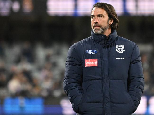 GEELONG, AUSTRALIA - AUGUST 20: Chris Scott, Senior Coach of the Cats looks on following the round 23 AFL match between the Geelong Cats and the West Coast Eagles at GMHBA Stadium on August 20, 2022 in Geelong, Australia. (Photo by Morgan Hancock/Getty Images)