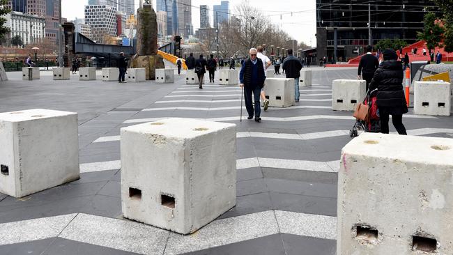 Security bollards installed near Crown Casino would not prevent a vehicle attack by terrorists. Picture: Nicole Garmston