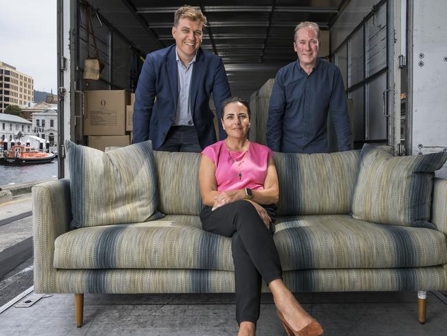 Anthea Dimitrakopoulos, General Manager Brand, Environment, Social and Governance of The Ascott Group, Dan McKenna - CEO Housing All Australians and Corey McGrath, State President Vinnies Tasmania at Somerset On The Pier. Picture: Caroline Tan