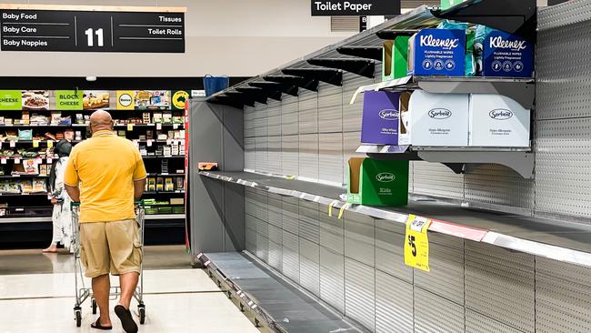 Shelves for toilet paper are left empty at a Sydney Woolworths during the pandemic in 2022. Picture: NewsWire/Dylan Robinson