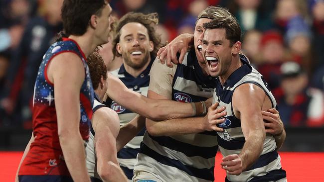 Tom Hawkins celebrates a goal on Thursday night. Picture: Robert Cianflone/Getty Images