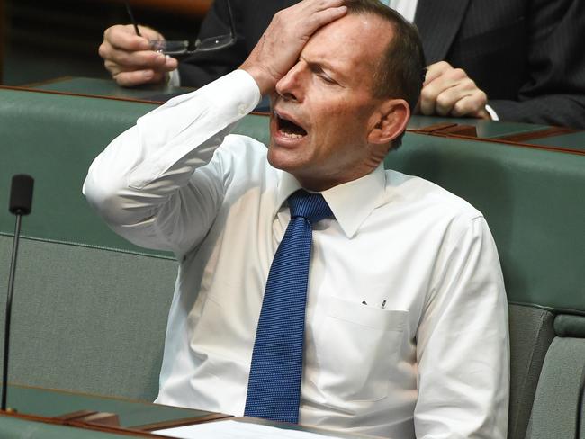 Former prime minister Tony Abbott during a division to suspend standing orders in the House of Representatives at Parliament House in Canberra, Monday, Nov. 7, 2016. Labor trys to suspend standing orders because "the Senate has been sitting under a cloud" and wants Prime Minister Malcolm Turnbull to come in and explain what the government knew and when about the affairs of former senator Bob Day and Senator Rod Culleton.(AAP Image/Mick Tsikas) NO ARCHIVING