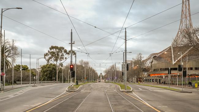 An empty St Kilda Road in Melbourne during lockdown.