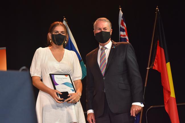 Young Sports Award winner Karla Grobler with Mackay Mayor Greg Williamson at the Mackay Australia Day awards at the MECC on January 25, 2022. Picture: Lillian Watkins