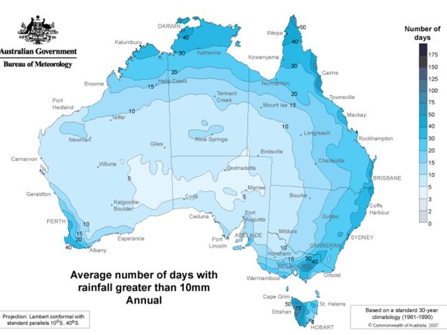 Melbourne may have more days of rainfall, as above, but Sydney has more millimetres of rain. Picture: Bureau of Meteorology