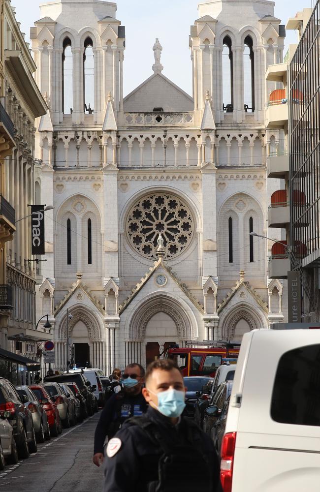 French policemen stand guard a street in front of the Basilica of Notre-Dame de Nice. Picture: Valery Hache/AFP