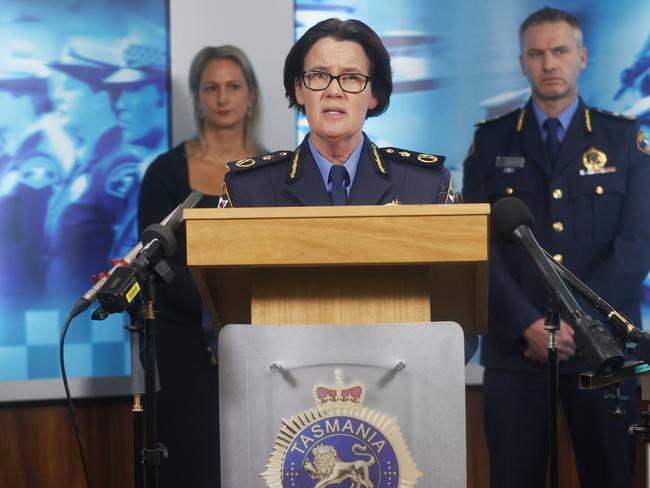 Commissioner Donna Adams Tasmania Police with Regina Weiss independent reviewer and Jonathan Higgins Deputy  Commissioner Tasmania Police.  Report released in relation to Tasmania Police member Paul Reynolds.  Picture: Nikki Davis-Jones