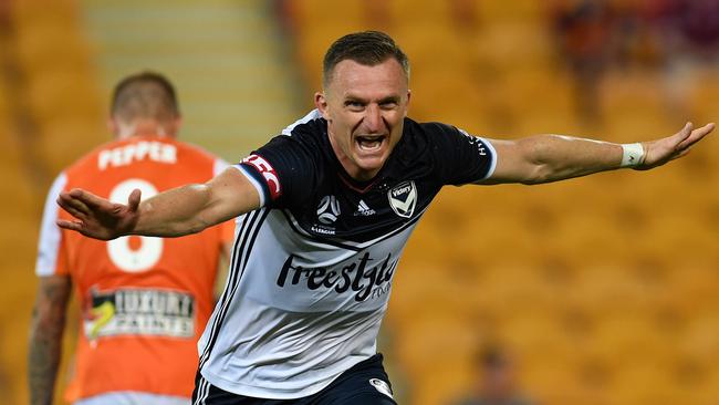 Besart Berisha celebrates a goal that was later disallowed