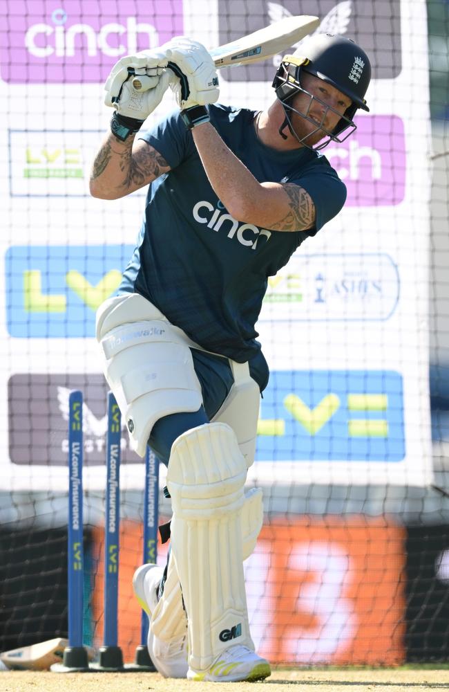 England captain Ben Stokes hits out during a nets session before the fifth and final Ashes Test. Picture: Gareth Copley/Getty Images