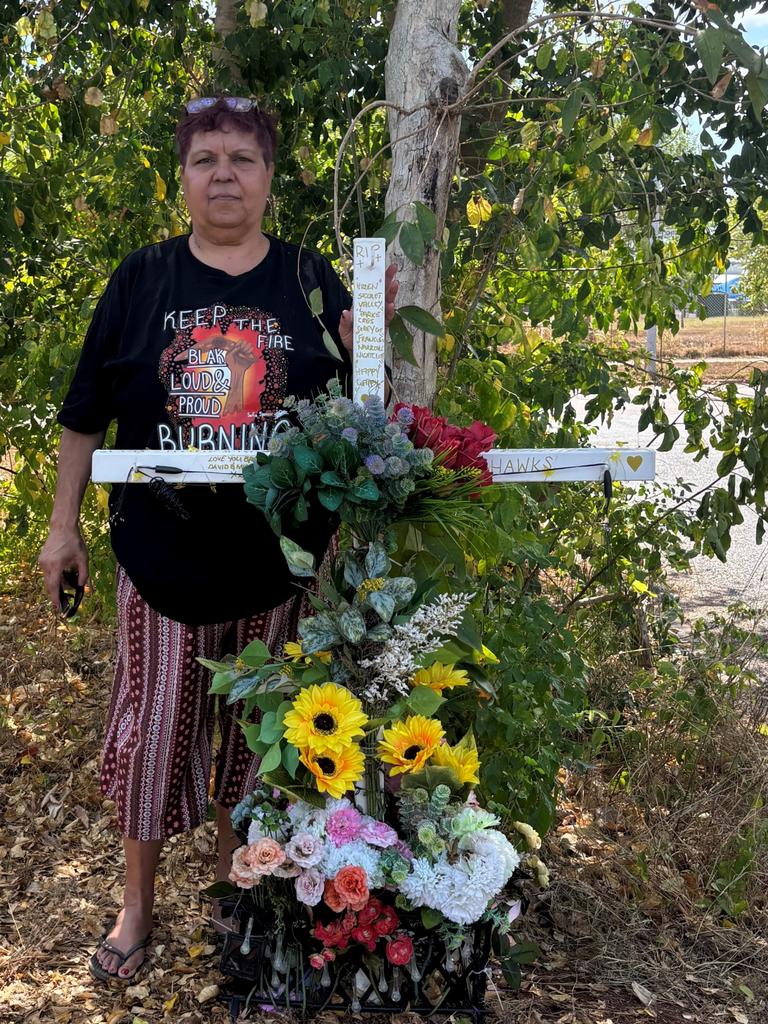 Vicki Hayes at the Nightcliff Rd and Clematis St memorial to her brother Wayne, who died in March this year. Picture: Supplied