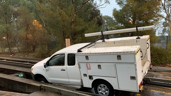 A car driven onto the O-Bahn track. AAP Image/Supplied SA Police.