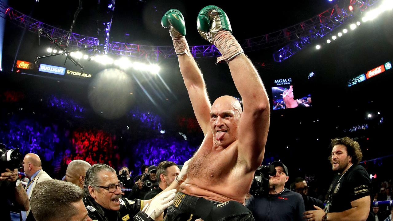 Tyson Fury celebrates his win against Deontay Wilder at MGM Grand Garden Arena in Las Vegas, Nevada, in February 2020. Picture: Al Bello/Getty Images