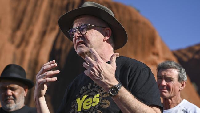 Prime Minister Anthony Albanese campaigning for the Yes vote in Uluru on October 11, 2023. Picture: NCA NewsWire / Martin Ollman